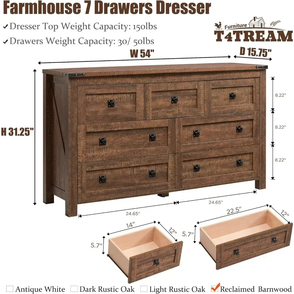 Farmhouse 7 Drawers  for Bedroom, Wood Rustic Dresser Tv Stand, Storage Dressers Organizer for Bedroom, Living Room,Hallway