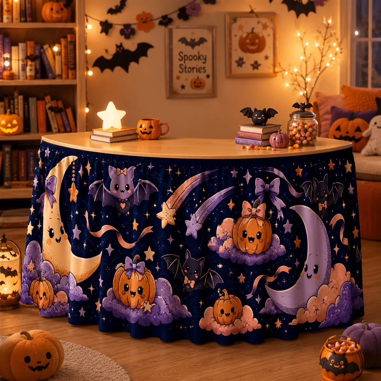 One tablecloth or table skirt. Cute pink colorful Halloween table skirt. Happy face pumpkin cloud arc moon yzb