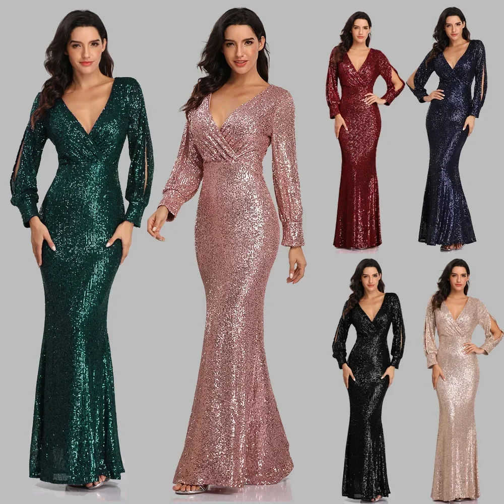 

2024 New Design Hot Drill Long Sleeve Sequin Round Neck Ladies Elegant Prom Dress See-through Sexy Nightclub Dresses for Women