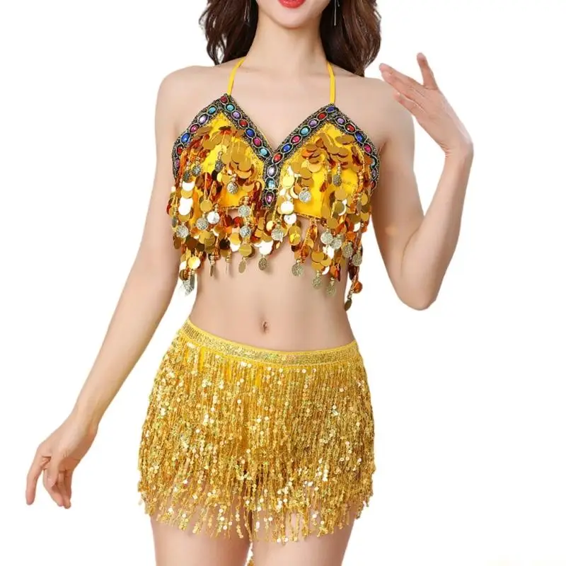 

31BF женский наряд для танца живота с блестками и бахромой, шарф на бедрах, юбка с запахом и блестками, бюстгальтер для танца из