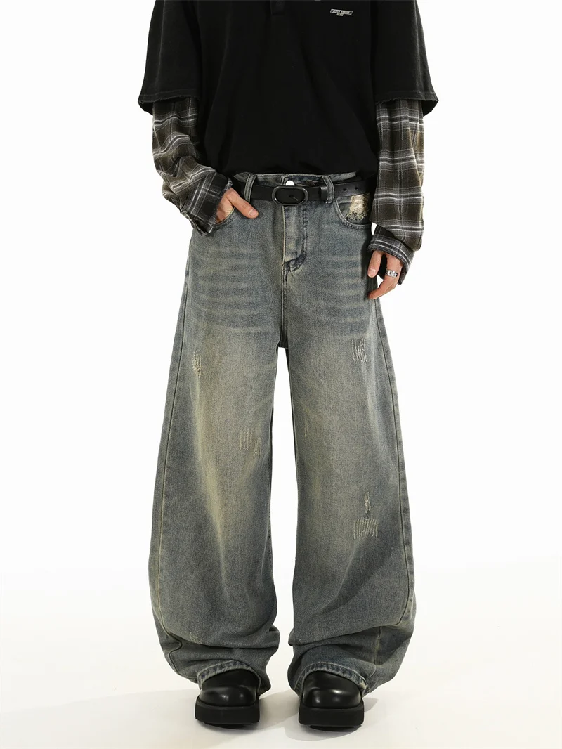 

Мужские джинсы American Sle, модные прямые широкие брюки, осень-зима, Гонконгские модные длинные брюки, повседневные свободные брюки