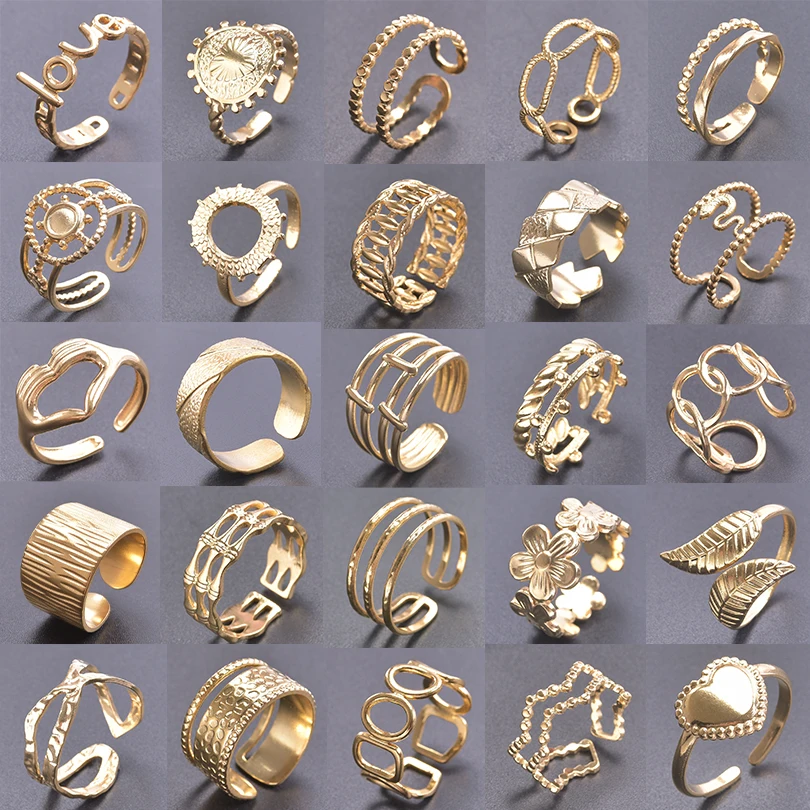 

Wholesale 6pcs/lot Real Gold Plated Rings Fashion Stainless Steel Flower Irregular Hollow Love Geometric Shaped Rings Women Gift