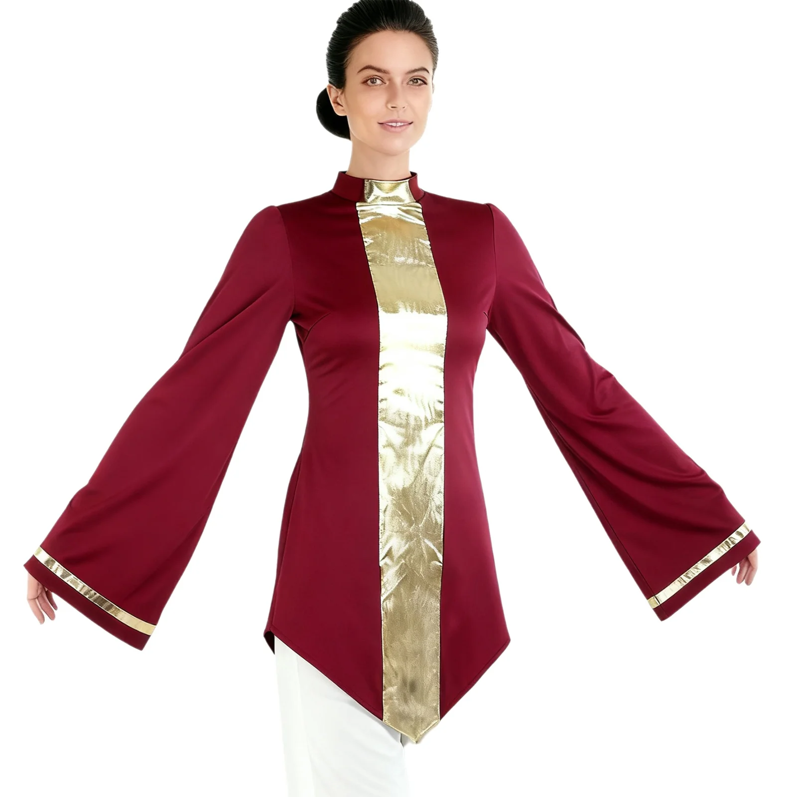 

Women Liturgical Praise Priest Preachers Tops Metallic Flared Long Sleeve Shirt Blouse Worship Halloween Festival Costumes