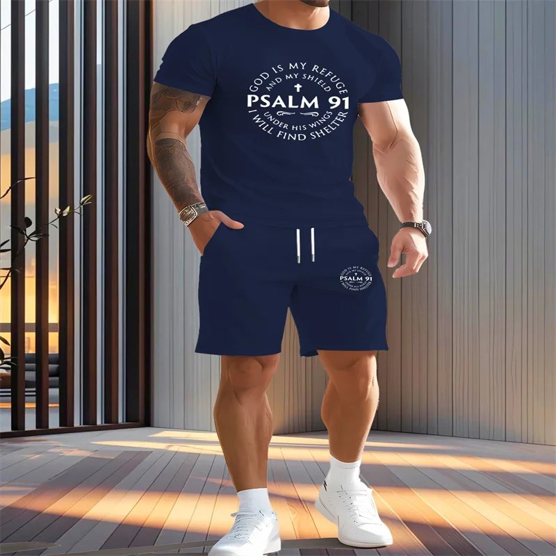 

2025 men's T-shirt shorts set fashionable round neck short sleeved five quarter shorts two-piece set summer outdoor sportswear