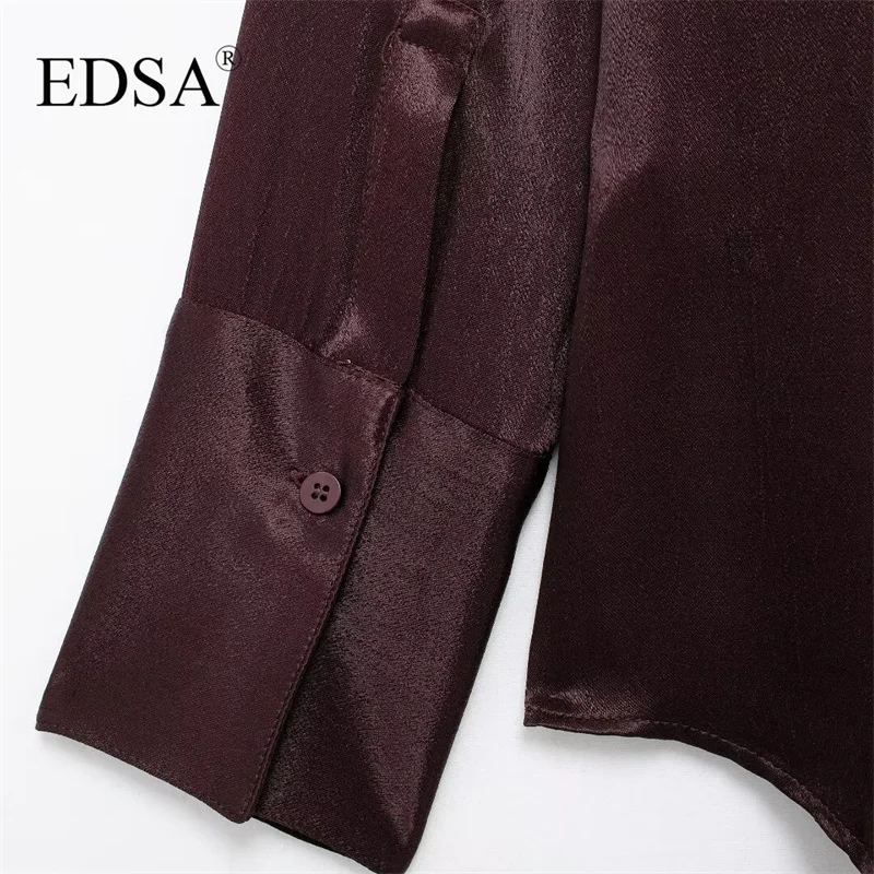 EDSA Women Satin Shirt with Double Flap Pockets Long Sleeves Rounded Asymmetric Hem Blouse Single Breasted Concealed Button-up