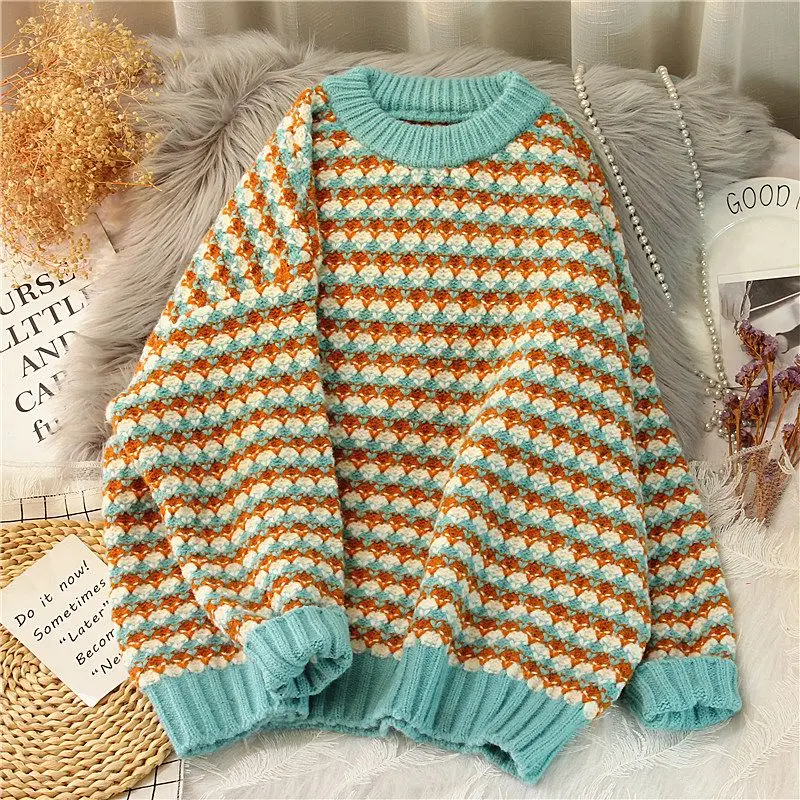 

Sweet O-Neck Loose Color Striped Sweaters Female Clothing 2023 Winter Oversized Knitted All-match Pullovers Casual Tops