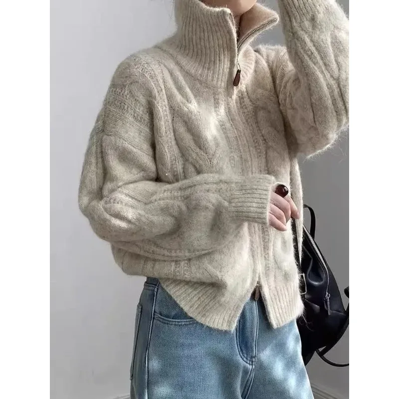 Korean Double Zipper Solid Color Fried Dough Twists Turtleneck Women Retro Sweater Autumn Winter New Casual Knitted Cardigan 10