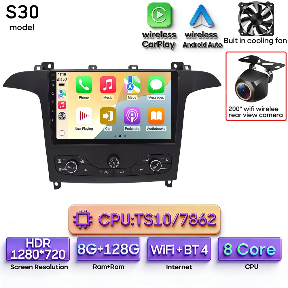 Android 16 voor Ford S-Max S-MAX 2006 - 2015 voor Ford Galaxy 2014 Auto Multimedia Speler Carplay Radio Video Navigatie GPS 2din - afbeelding 1