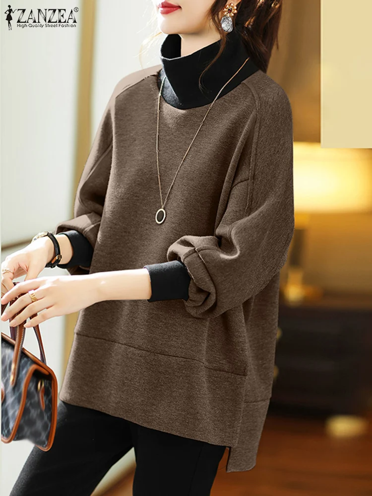 Women High Collar Swearshirts ZANZEA 2024 Autumn Fashion Tops Casual Long Sleeved Loose Hoodies Elegant Colorblock Pullovers