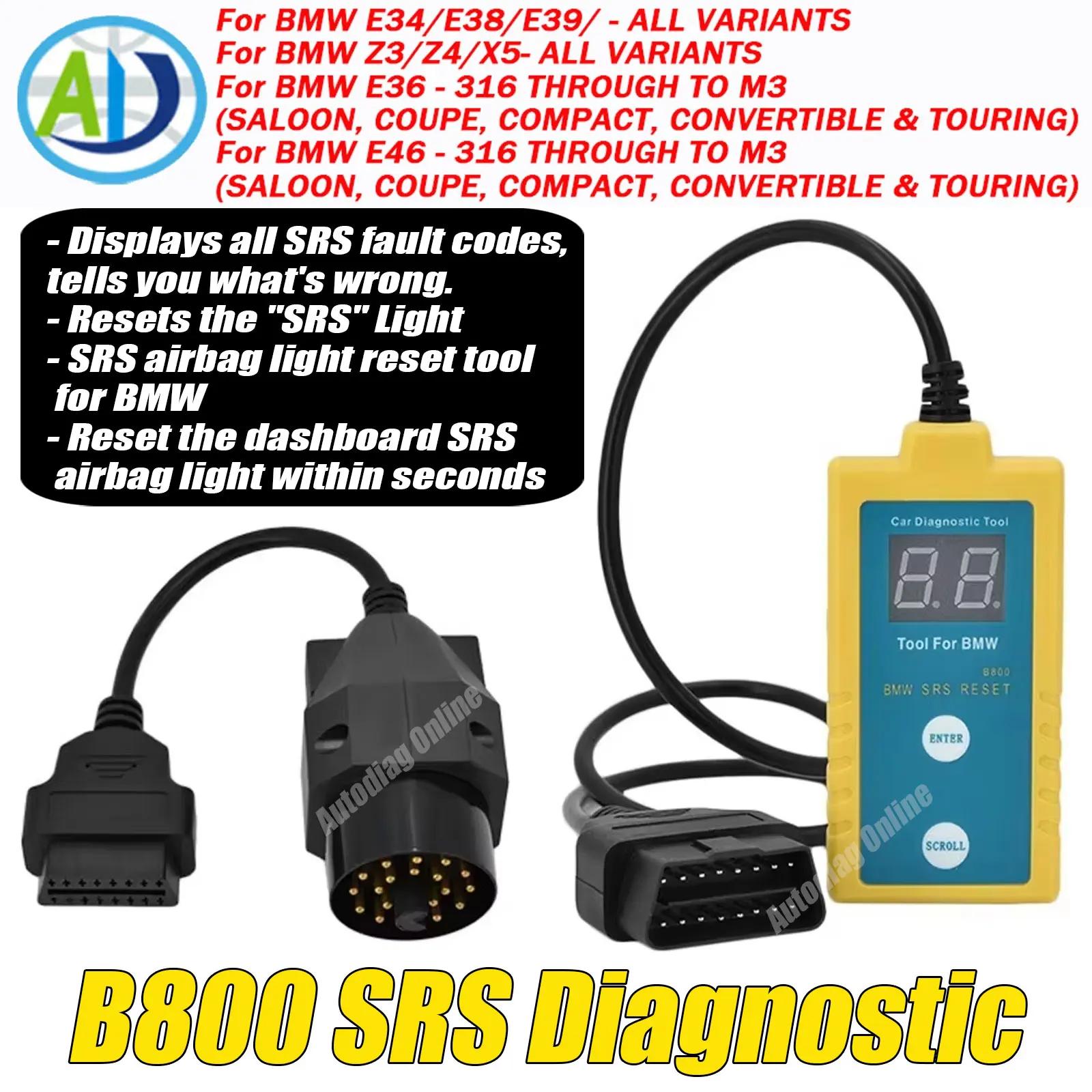 

OBD2 Airbag Reset Tool For BMW E36 E46 E34 E38 E39 Z3 Z4 X5 Vehicle B800 SRS Airbag Error Code Remover OBDII Diagnostic Tool