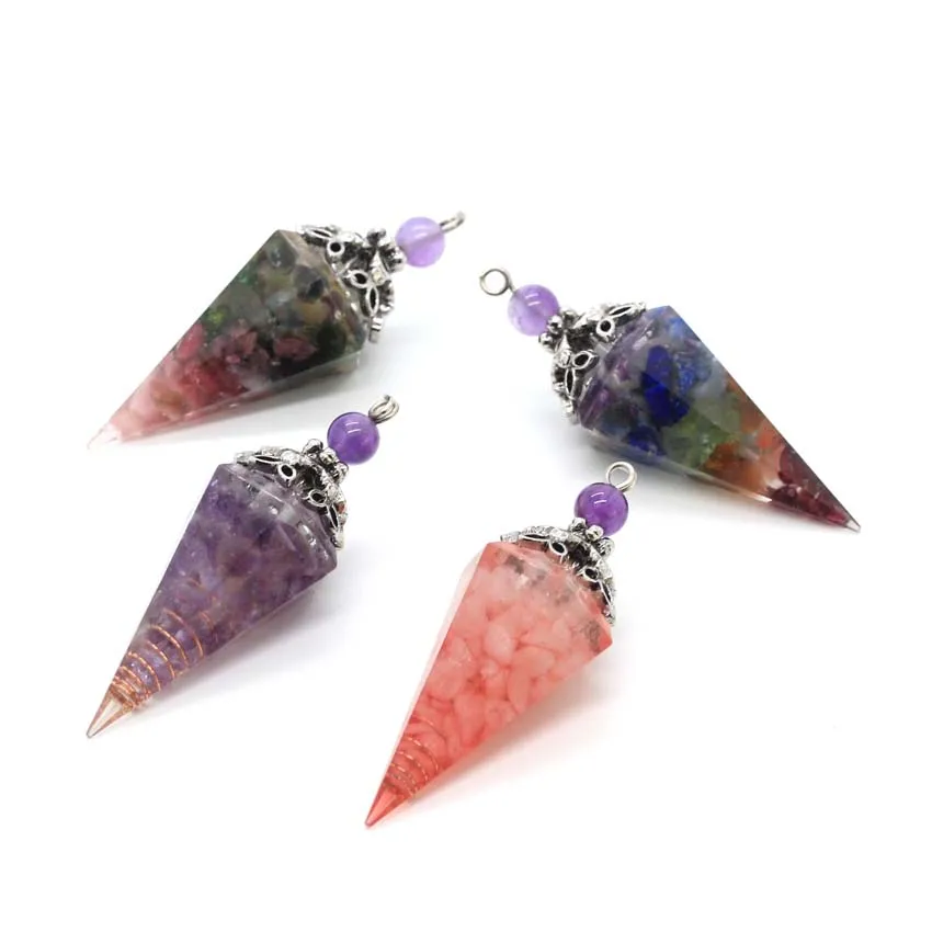 Charms Natural Healing Crystal Chip Stone Orgonite Resin Pendulums for Dowsing 6 Faceted Hexagon Amethyst Spiritual Jewelry