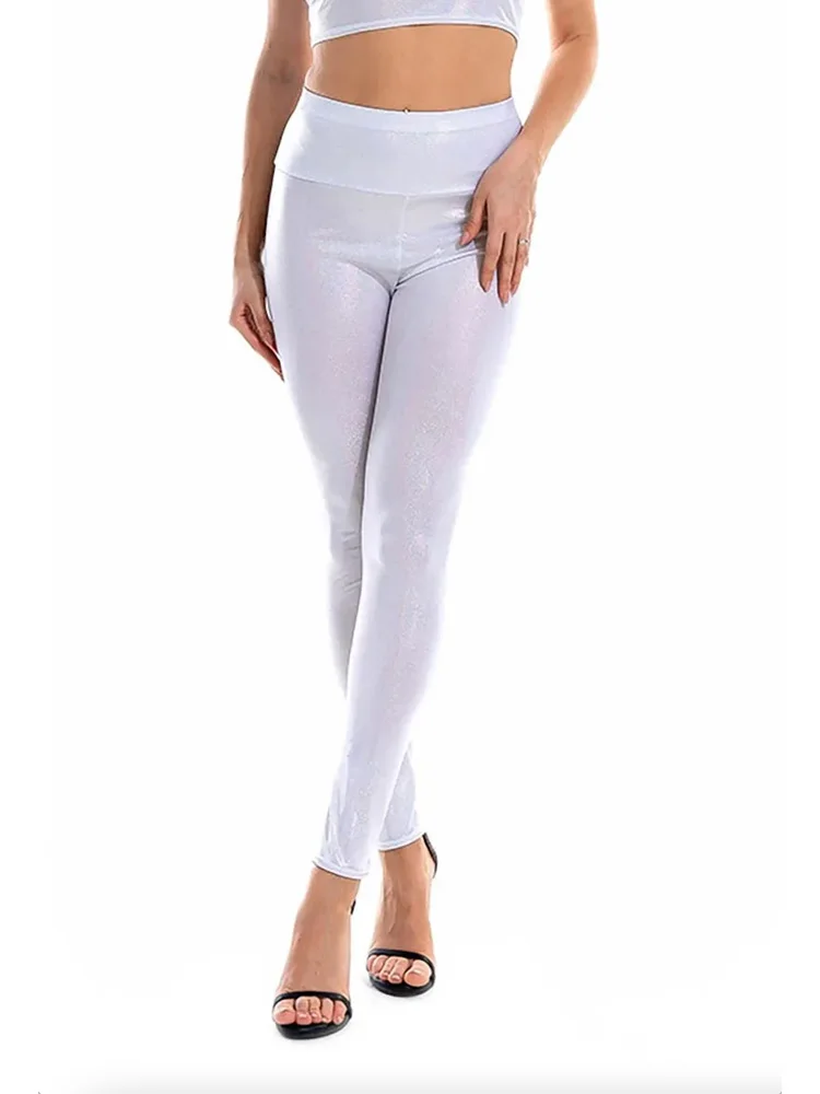 Женские блестящие леггинсы из спандекса металлик с высокой талией, блестящие мокрые жидкие леггинсы, однотонные сексуальные танцевальные брюки Rave Booty, леггинсы-карандаш, S-XXL