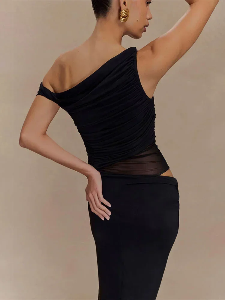Um ombro slinky sexy maxi vestido feminino verão moda sem costas sem mangas split clube festa vestido longo elegante