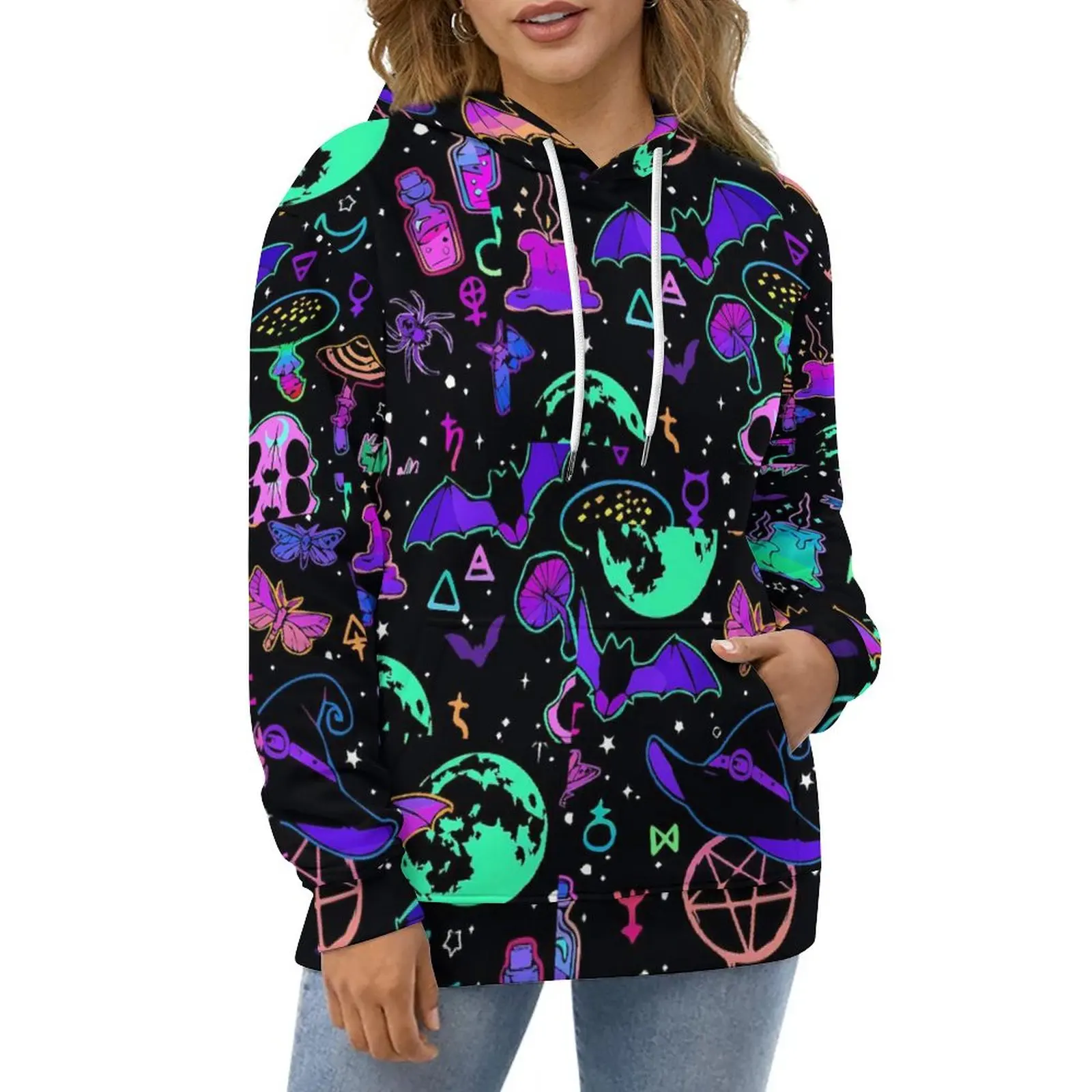 Halloween Print Hoodies Bats And Ghost Street Wear Casual Hoodie Long-Sleeve Y2k Pattern Hooded Sweatshirts Birthday Gift