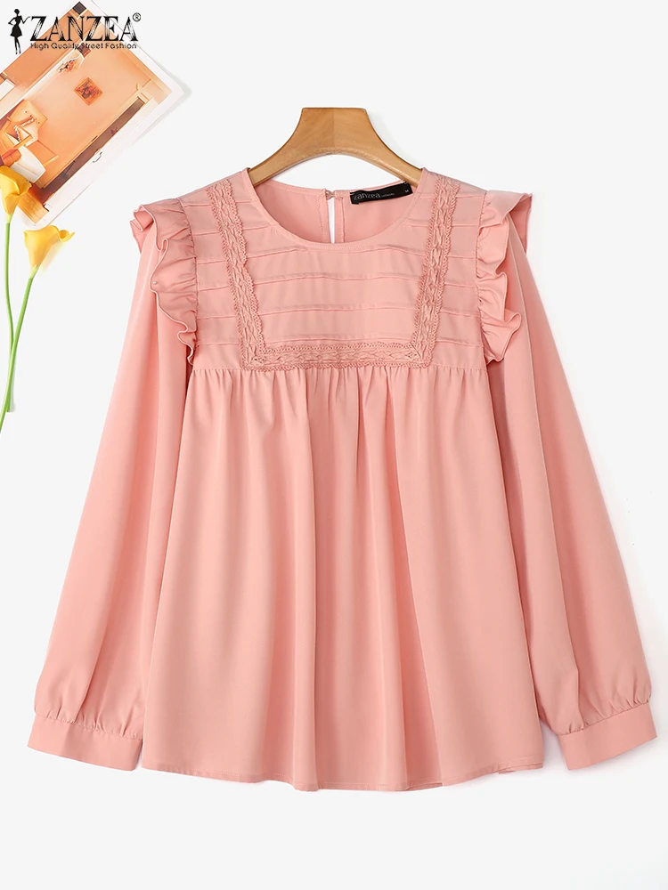ZANZEA, Blusas de moda de otoño para mujer, Blusas informales de manga larga con volantes, Tops de Color sólido, túnicas holgadas elegantes con cuello redondo para mujer
