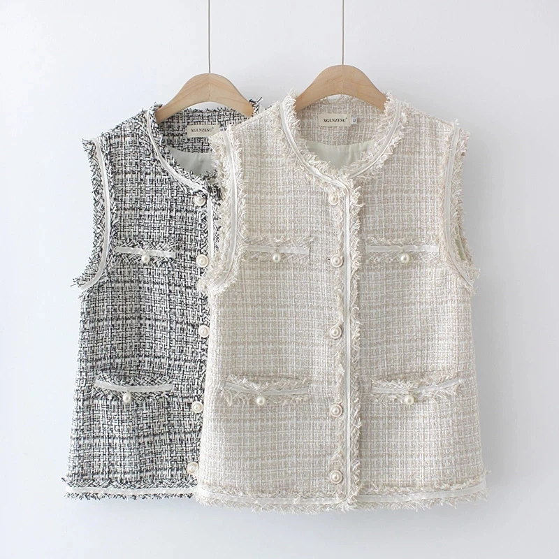 2025 ฤดูใบไม้ร่วงใหม่All-Matching Slim Fitสีทึบเสื้อกั๊กTweedเสื้อกั๊กเสื้อกั๊กผู้หญิงVคอเพิร์ลปุ่มฤดูใบไม้ผลิCardigan