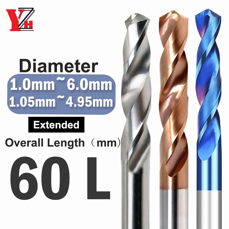 YZH 60L Carbide Twist Drill DiameterD1-D6/D1.05-D4.95 Solid Tungsten HRC50/55/65 CNC Straight Handle Drilling Hole For Metal