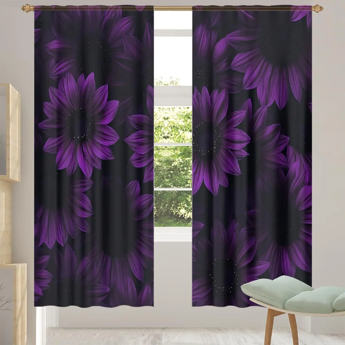 Purple Sunflower Window Curtains, Black Background Floral Print Drapes, Gothic Vintage Style Decor for Bedroom Living Room Home