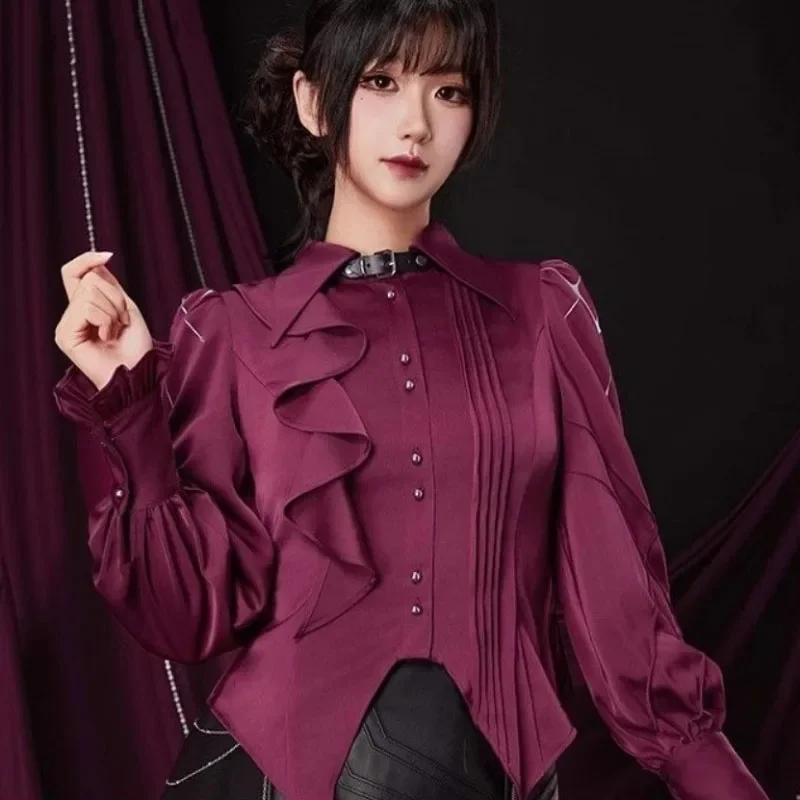 日本不規則なスプリットブラウスシングルブレストグランジボディコンシャツ女性原宿ヴィンテージフリル襟 Blusas Y2k 美的