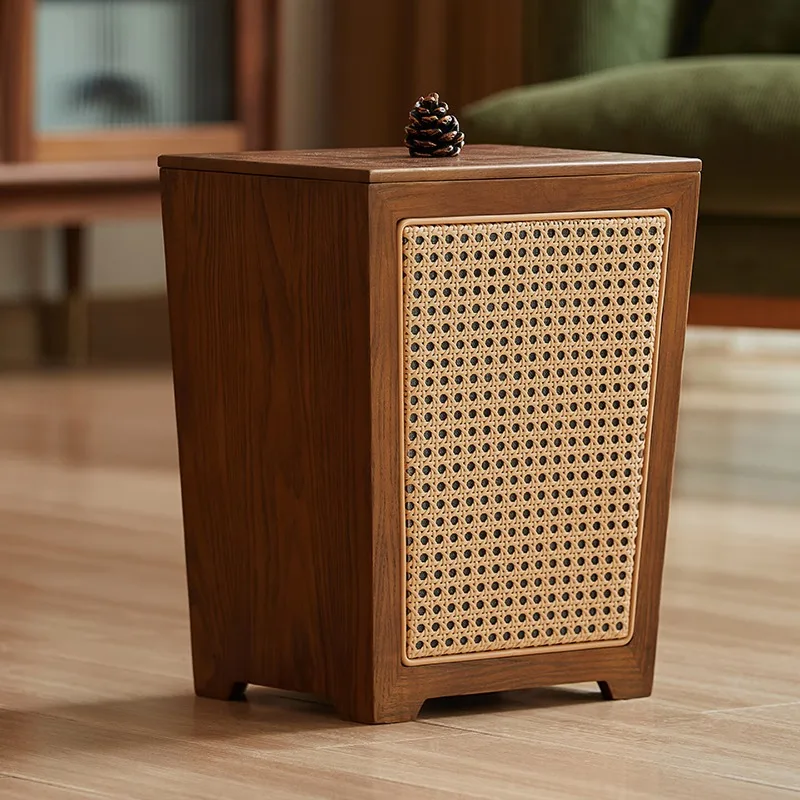 Retro wooden trash can, antique double-layer in the living room, rattan trash can