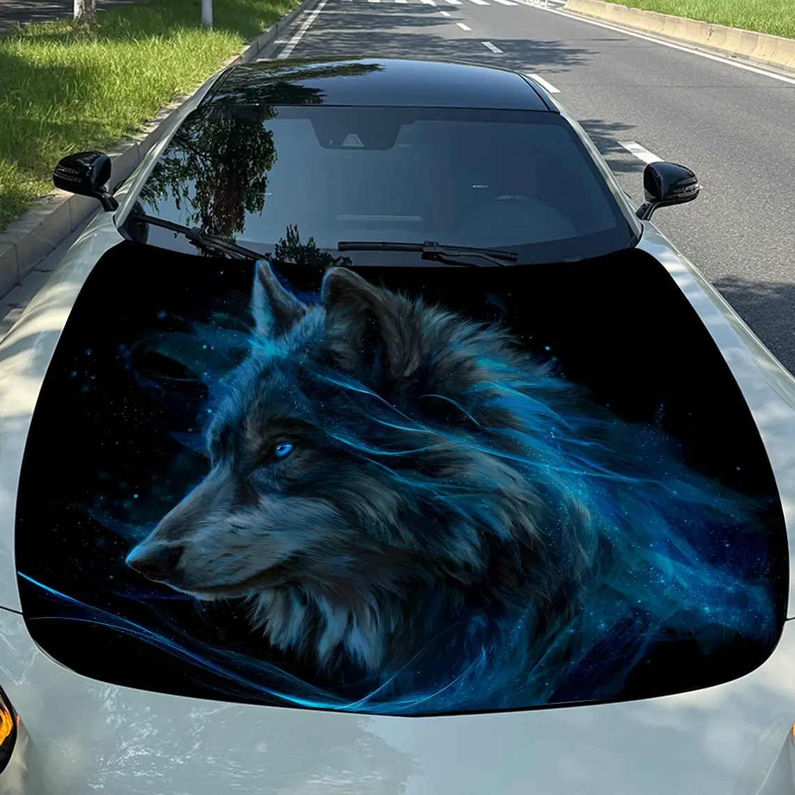 

Star Blue Spirit Wolf Car Vinyl Wrap, PVC Waterproof Car Hood Sticker, Self-Adhesive Scratch-Resistant Stickers for Engine Cover