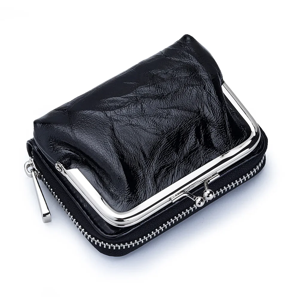 Luxurious Waxed Leather Crinkled Kiss-Lock Wallet Secure 2-in-1 Women's Lipstick Organizer Compact Small Bag Perfect Small Gift