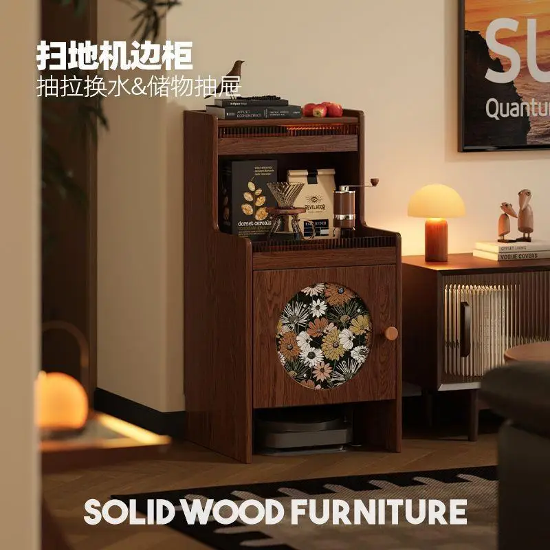 All solid wood shelves, household sweeping robots, storage cabinets, multi-functional simple lockers next to small apartment sof