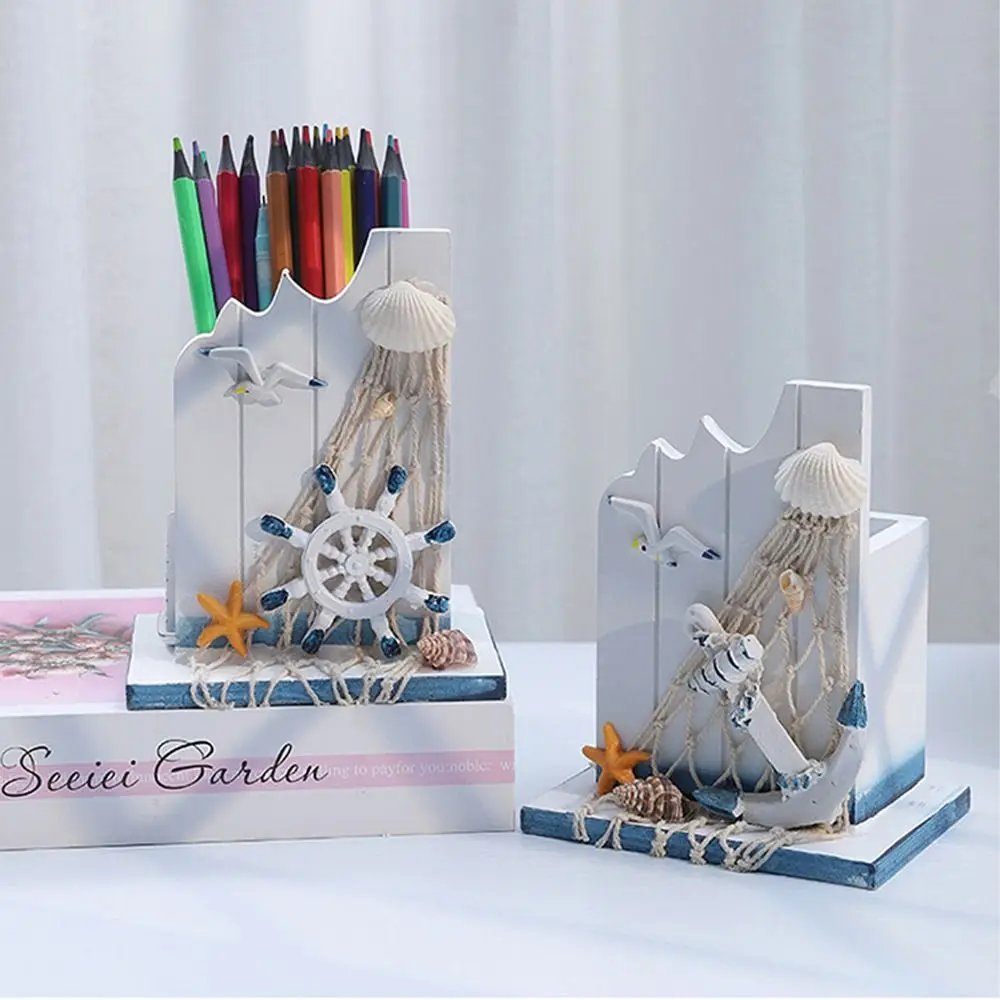 Mediterranean Style Wooden Pen Holder Ocean Style Large Capacity Pencil Storage Box Handmade Pen Container