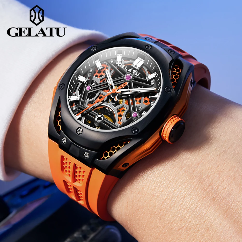 GELATU 6008 Men\'s Watch Silicone Strap Skeleton Automatic Mechanical Men\'s Watches Hollow Out Waterproof Luxury Sport Wristwatch