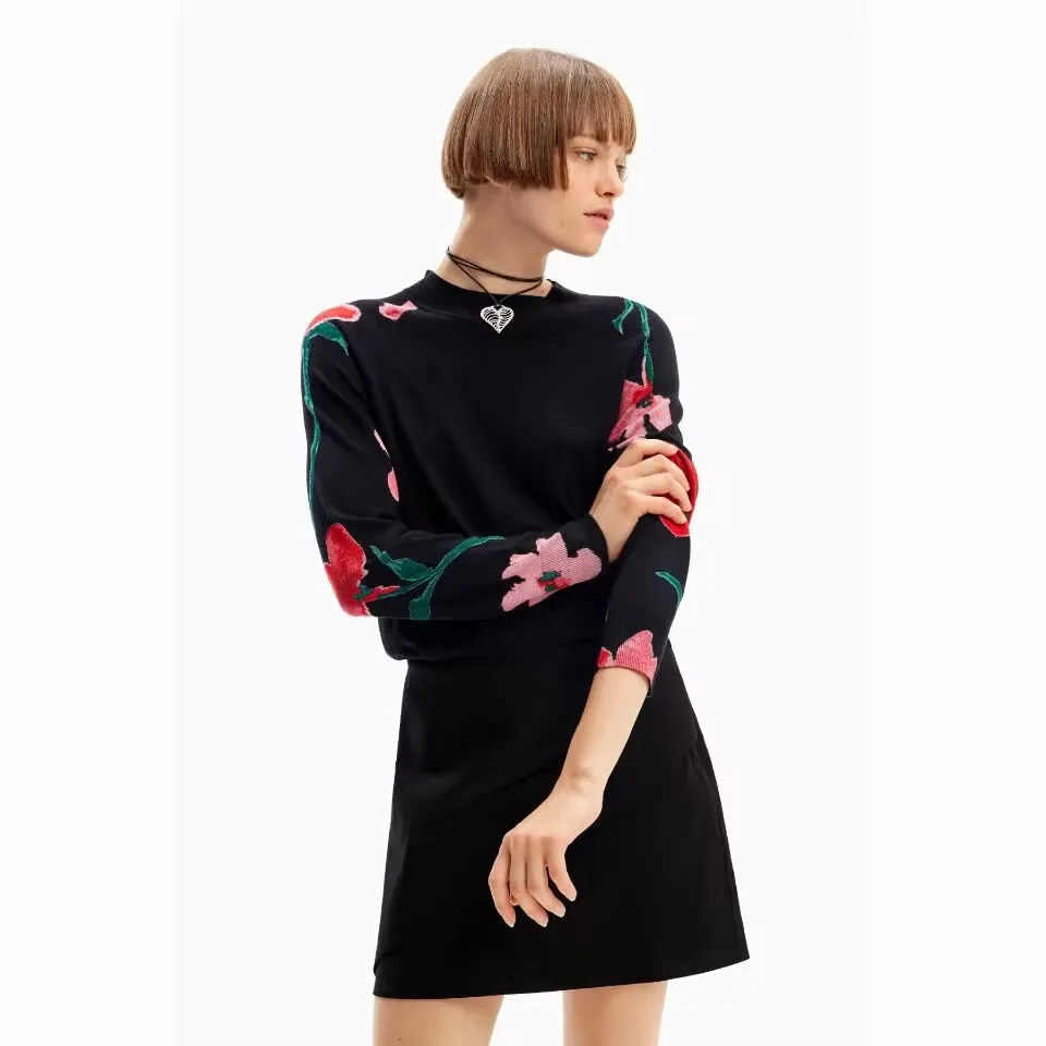 Foreign trade original single new Spain autumn and winter printed elastic crew-neck sweater women\'s sweater