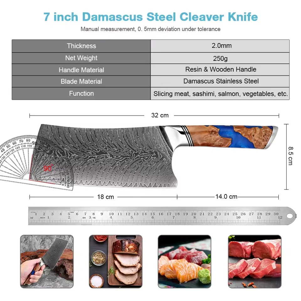 XITUO 7 Inch Cleaver Knife Chinese Kitchen Knife,Butcher Knife for Meat Cutting, Damascus Steel Sharp Vegetables Chopping Knife