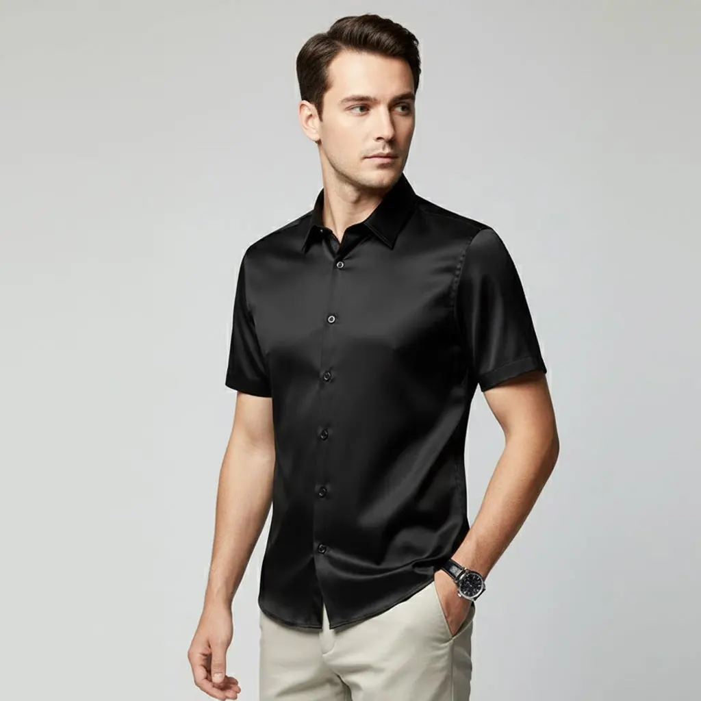 夏用冷却ホワイトドレスシャツ - メンズ半袖シワ防止シャツ - ステイシャープアイスシルクビジネスカジュアルシャツ