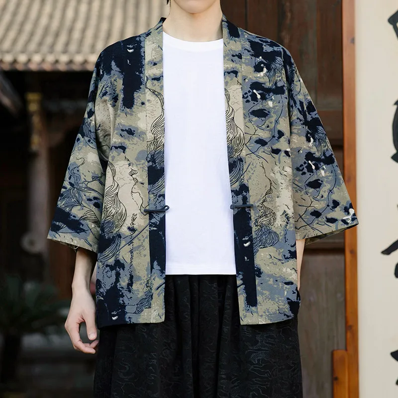 Men Print Open Front Cardigan Traditional Frog Buttons Seven-Quarter Sleeve Streetwear Oversized Summer Loose Fit Casual Clothes