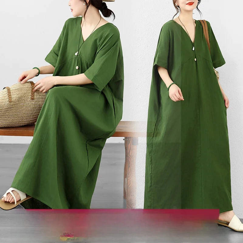 

Loose Fit Long Sleeveless V-Neck Double Layer Cotton Green Dress Women's Thin Large Size Casual City Walk Straight Cut Dress