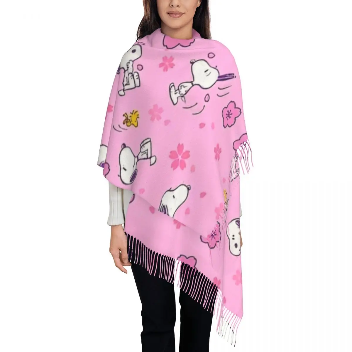 Pink Snoopys Woodstock Shawl Wraps for Ladies Winter Large Long Scarf Cartoon Neckerchief Tassel Scarves