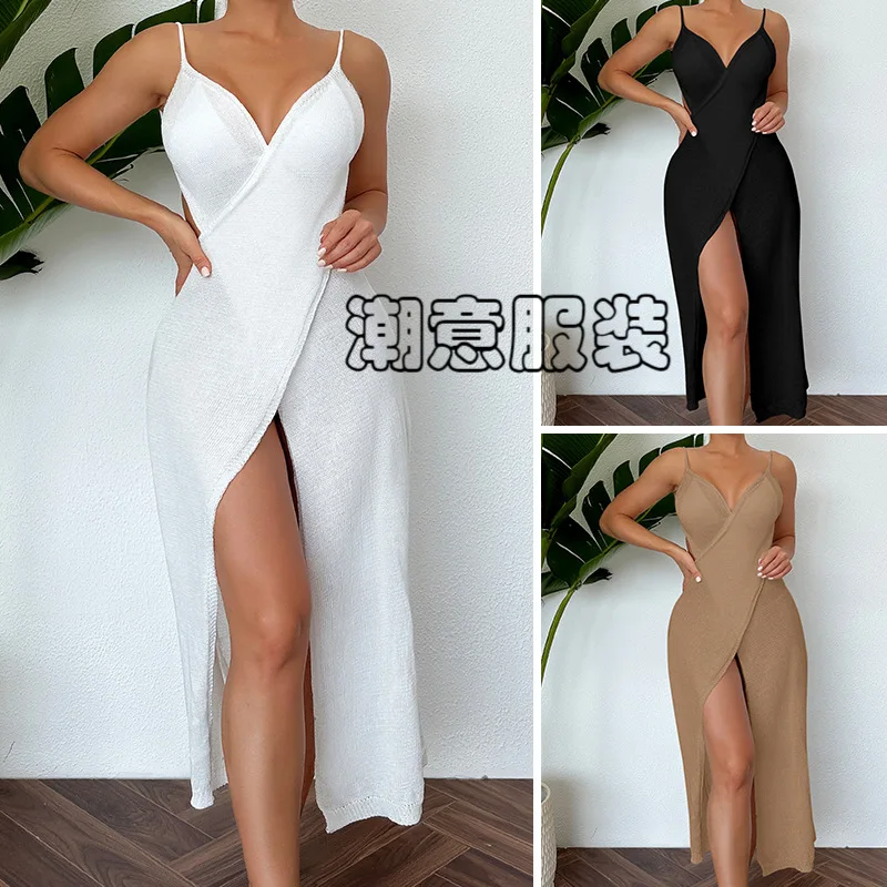 Swimwear 2024 Cover Up Costumes Summer Pareo Praia Saida De Feminino Women Knitted Halter Sexy Hollow Side High Slit Fringe