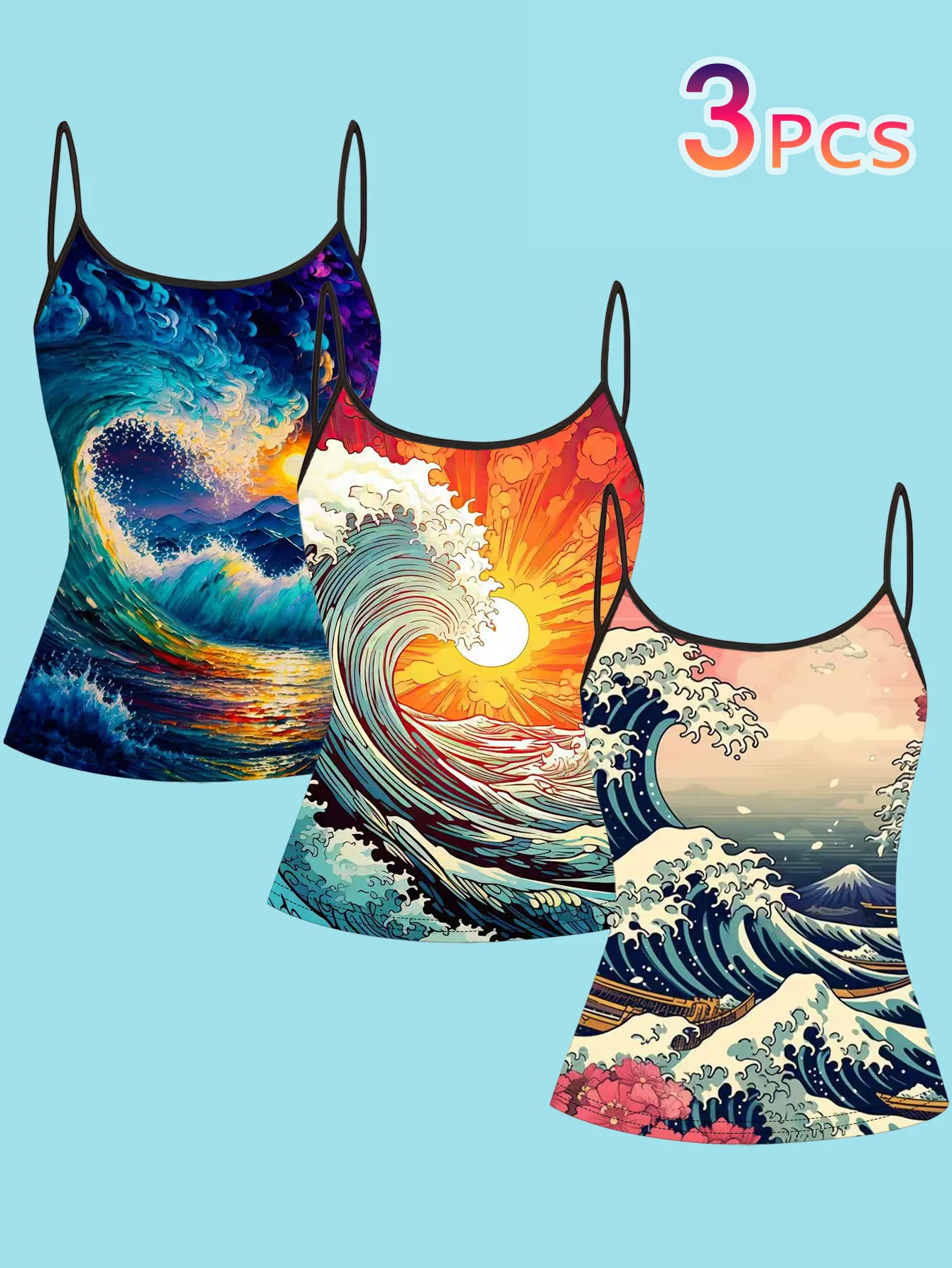 3-Piece Set of Women's Summer Thin Camisoles with Japanese Kanagawa Wave Ukiyo-E Print, Slim Fit, Can Be Worn as an Inner Layer or Outerwear