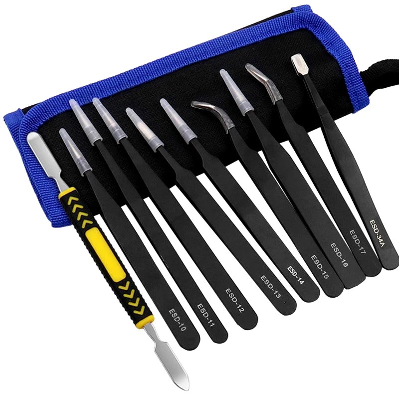 

10pcs ESD-1013 15 Anti-Static Stainless Steel Precision Tweezer Set with Pointy Bend Angle Crowbar for Phone Repair Tool Kit
