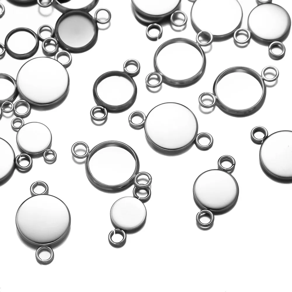10pcs Stainless Steel Round Connectors Charm Cabochon Trays Bezel Pendant Links for DIY Bracelet Necklace Earring Jewelry Making