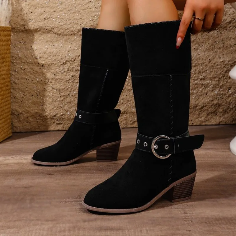 

Winter Belt Buckle Pointed Toe Women Knee-High Boots Fashion Vintage Square Low Heels Ladies Shoes Fashion New Plus Size 41 42
