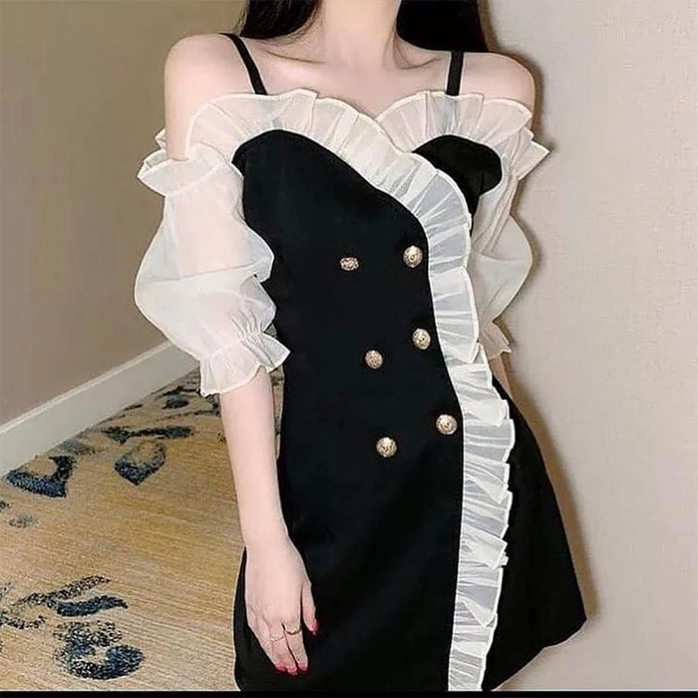 Vestido de noche con tirantes finos y hombros descubiertos para mujer, Jersey de manga corta con volantes de encaje, longitud hasta la rodilla, botones, talla personalizada