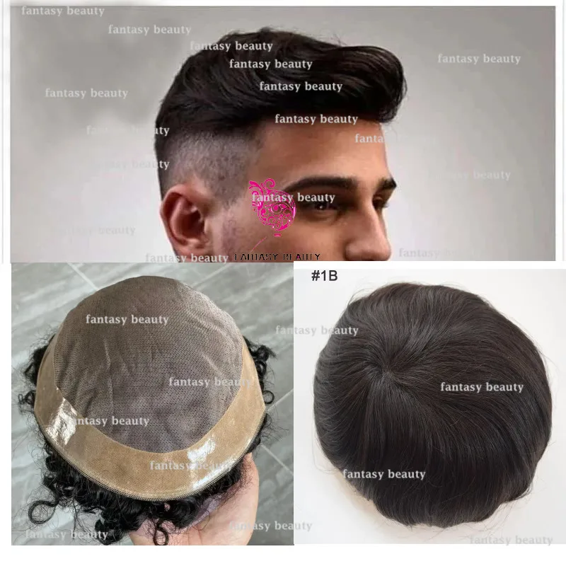 Peruca de renda monocromática respirável masculina, cabelo humano, linha fina natural PU, NPU onda reta, sistema de substituição de prótese