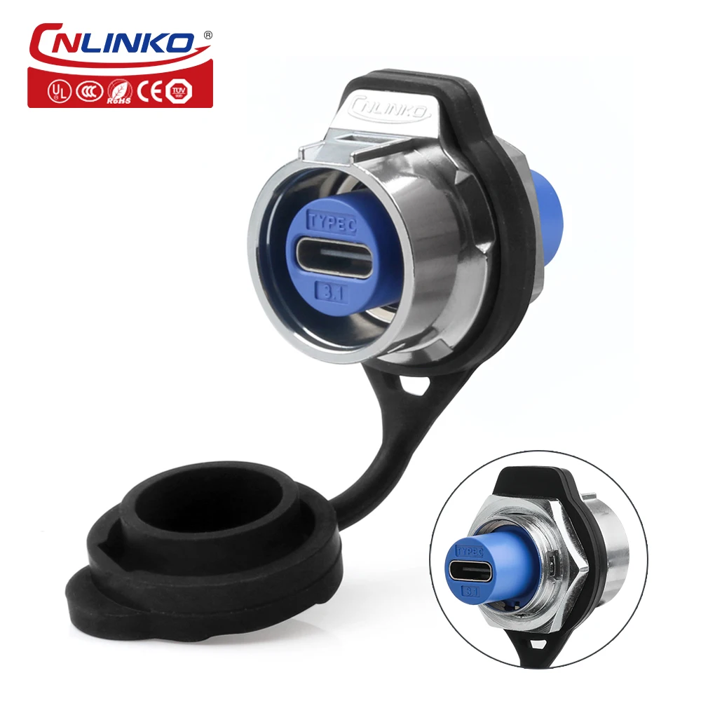 CNLINKO LP16 Waterproof Type-C USB 3.1 5A Female Socket Jacks Panel Mount USB C Connector for Fast Charging Data Transfer 10Gbps