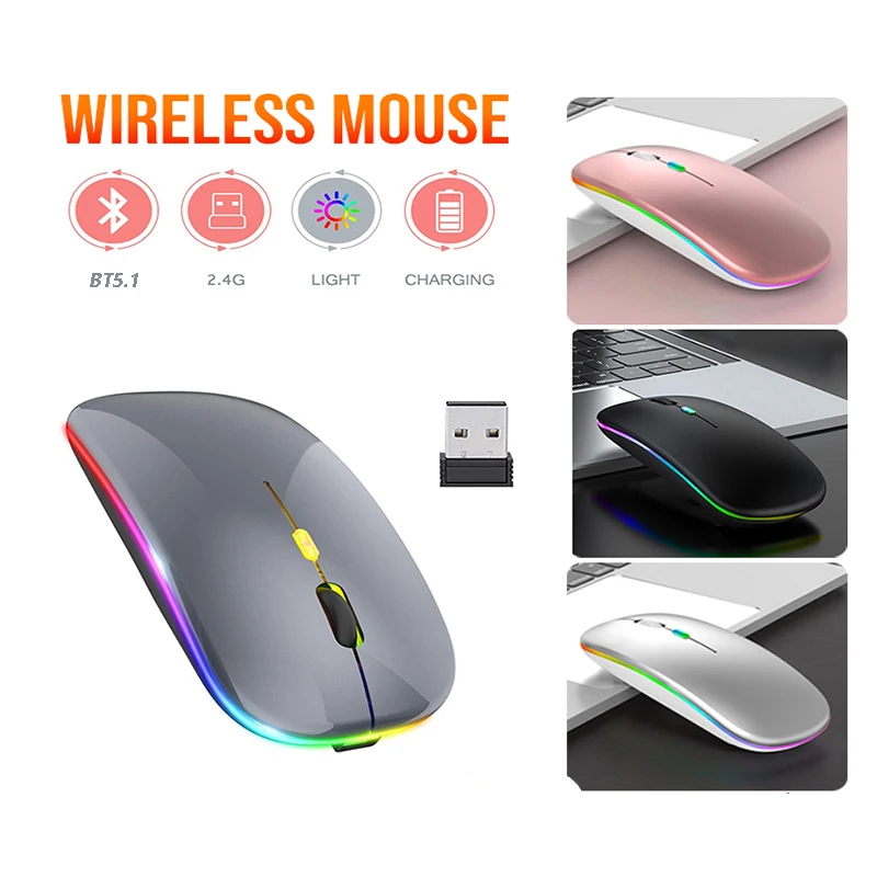 Bluetooth5.1 Wireless Mouse with USB Rechargeable RGB Mouse for Computer Laptop PC Macbook Gaming Mouse Gamer 2.4GHz 1600DPI