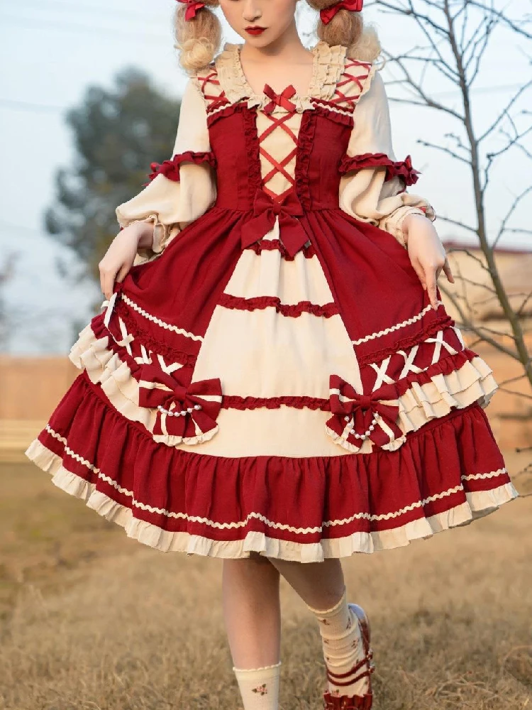 

Japanese Vintage Gothic Princess Women Lolita Style Women Dress Spring Square Collar Bow Ruffles Palace Cosplay Ladies Mid Dress