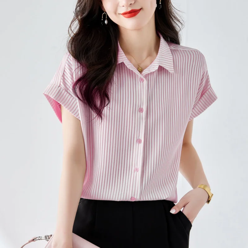 Summer New Polo Neck Short Sleeve Loose Shirt Tops Striped All-match Button Office Blouse Temperament Fashion Women Clothing