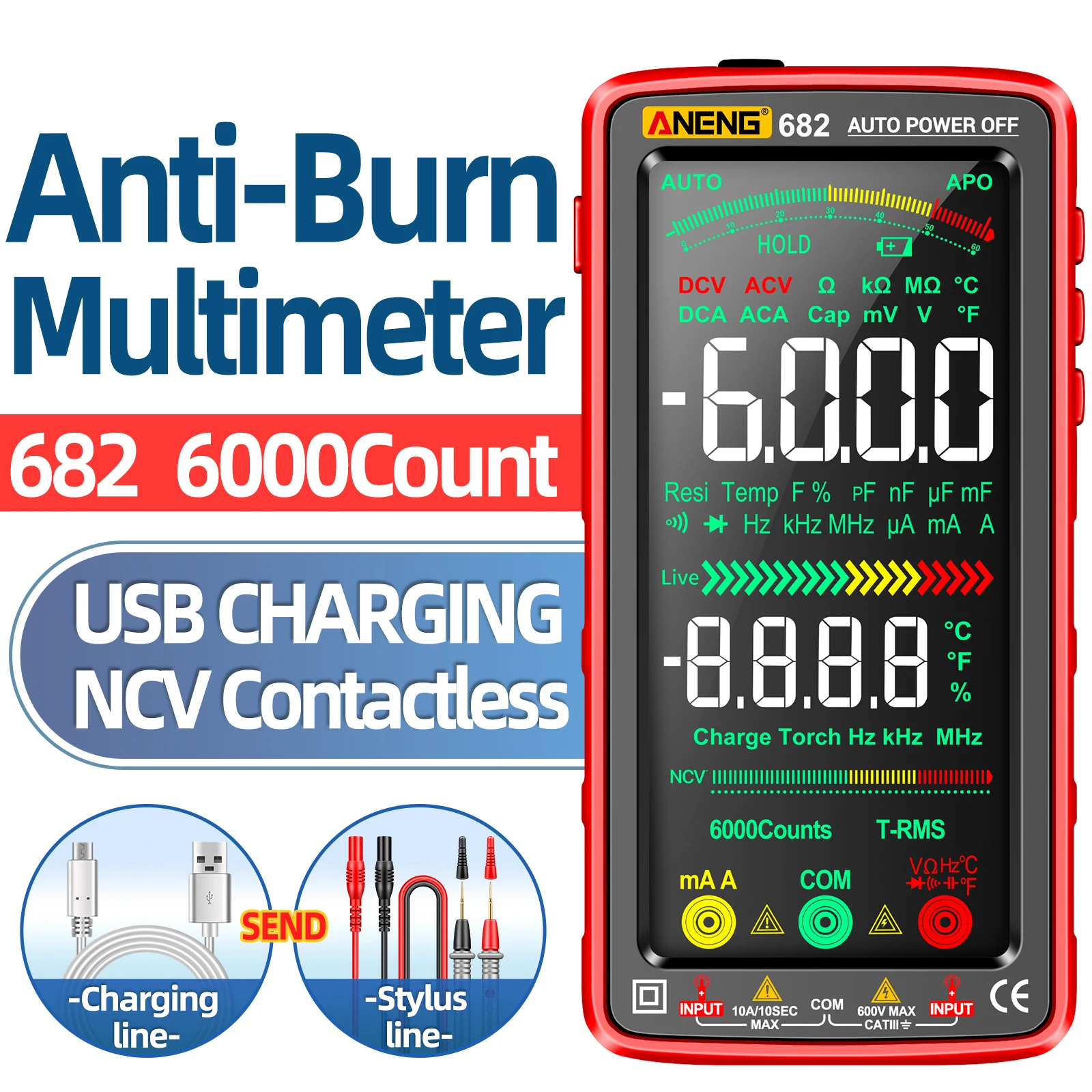 ANENG 682 6000 Counts Large LCD Digital Multimeter Smart Anti-burn Rechargeable Universal Meter VA Reverse Screen NCV Tester