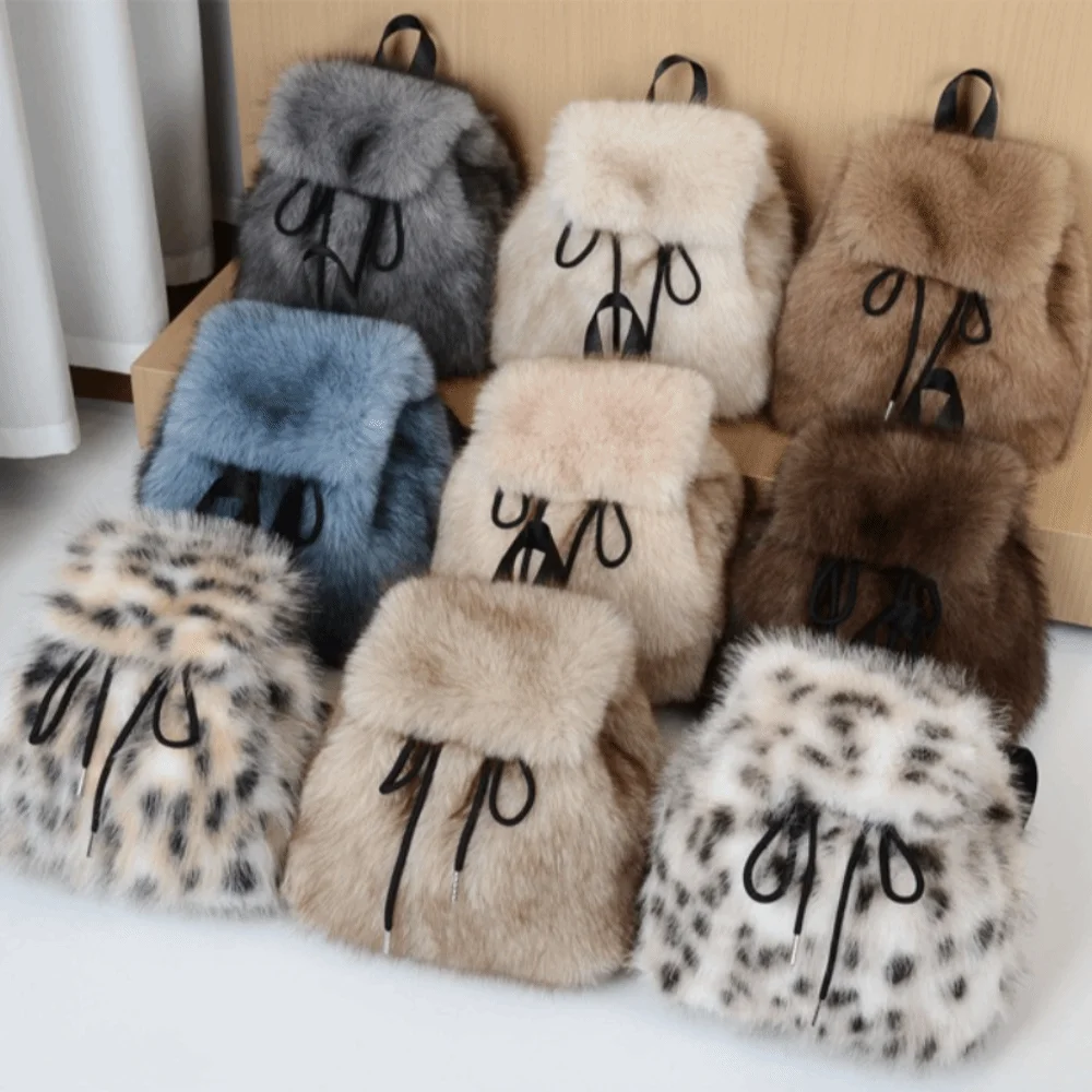Zaino Y2k in pelliccia sintetica Borsa soffice leopardata con coulisse piccola Zaino in morbido pile invernale caldo