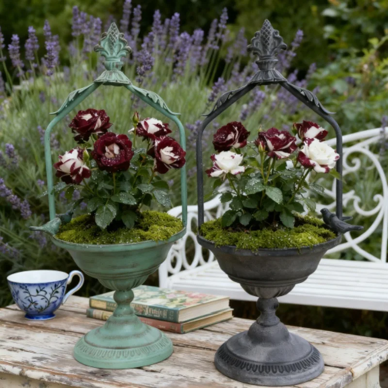 French Retro Antique Iron Spear Hand-held Trophy Flowerpot Courtyard Groceries Green Plants Potted Plant Planters Flower Vessel
