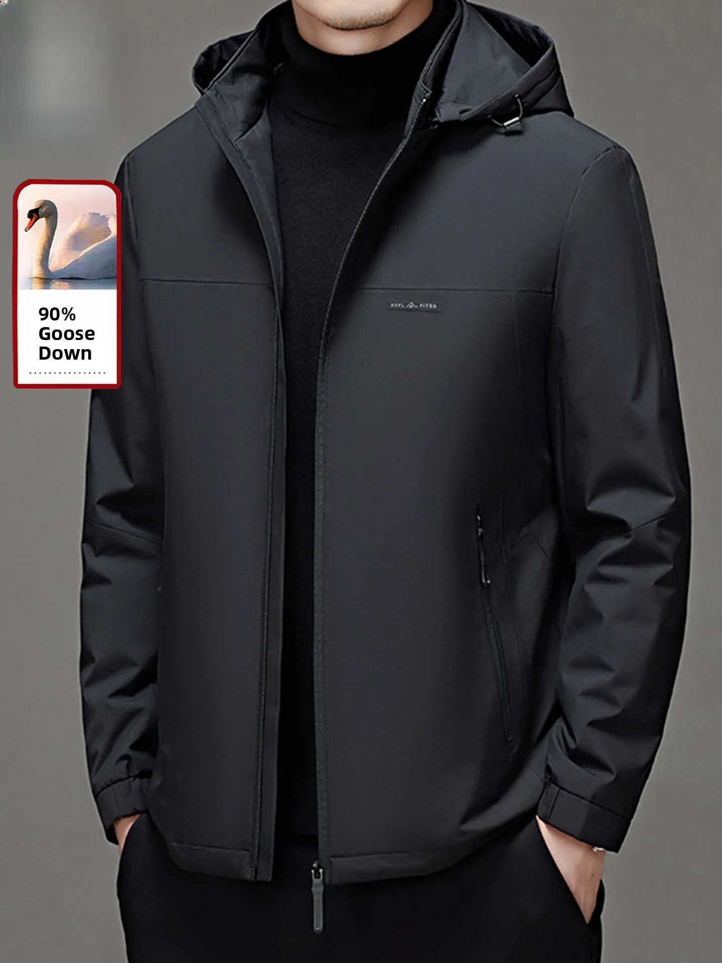 

Men's Goose down Jacket Casual Warmth Cold Resistance Detachable Cap Winter New Style Thickened Polyester Fiber Zipper Closure